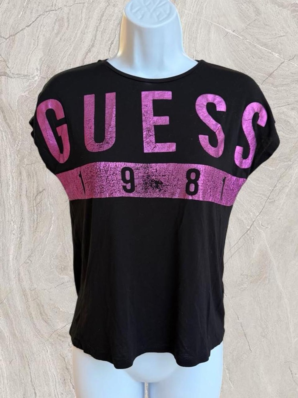 GUESS Black Short Sleeve Tee with Metallic Pink Logo Band